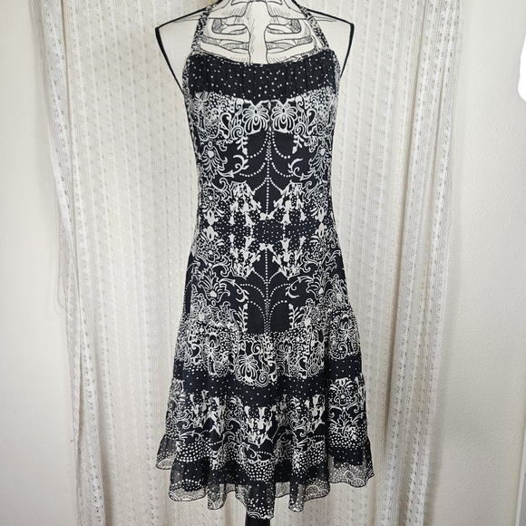 ANTHRO Anna Sui Silk Haulter Top Dress Black White Paisley Sz 6 - Picture 1 of 8